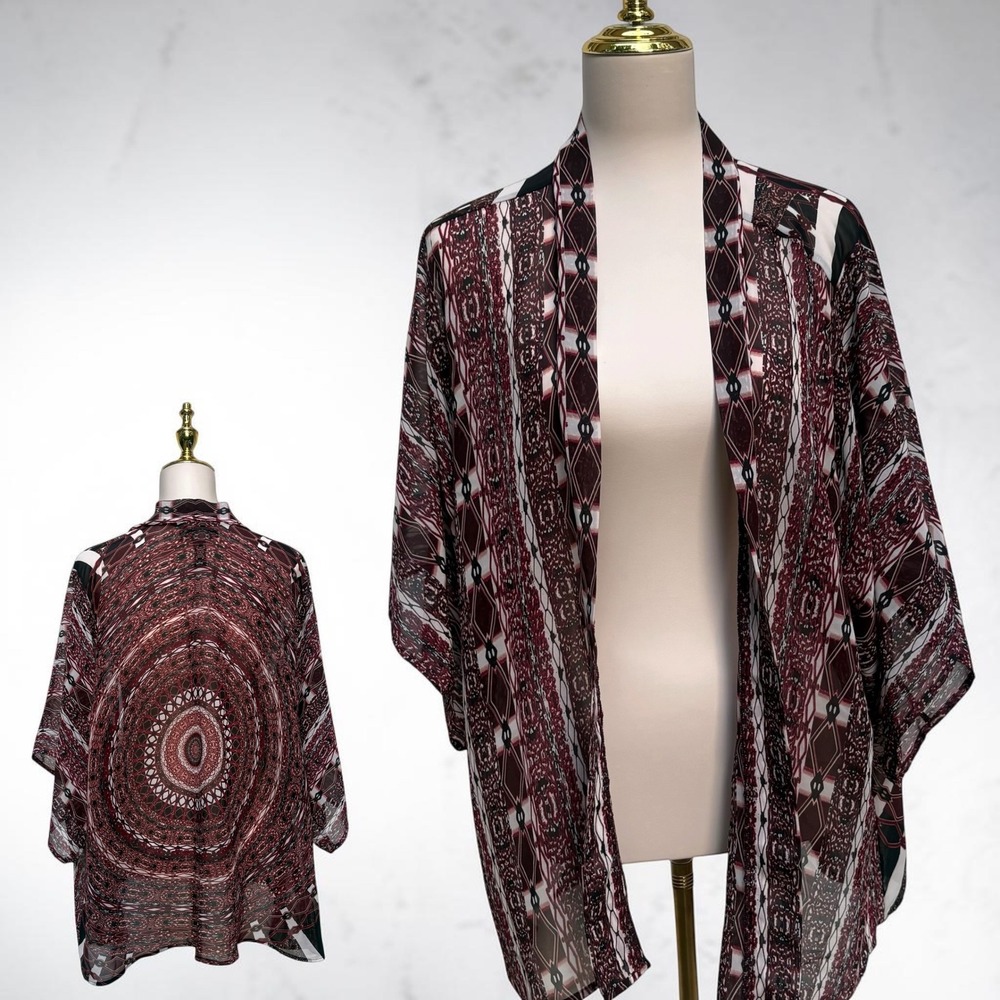 Bohemian Kimono Cardigan S/M Burgundy Geometric Tribal Mandala Sheer Festival
